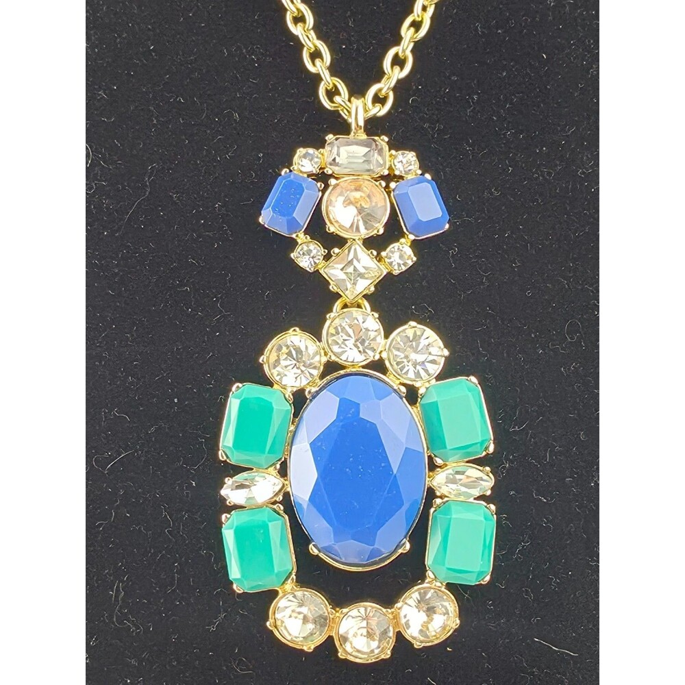 Signed J Crew Long Blue Green Rhinestone Crystal Pendant Necklace Gold Tone